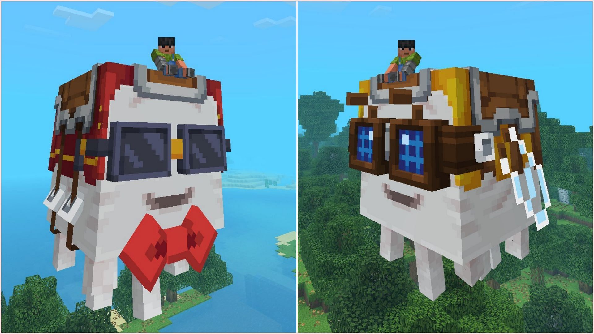 Happy ghast with different harnesses in Actions & Stuff (Image via Sportskeeda Gaming || Mojang Studios)
